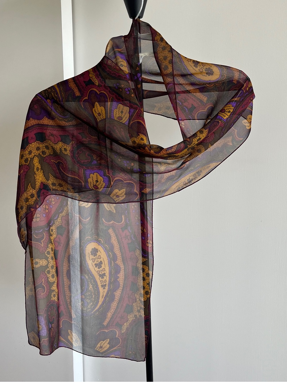 100% Silk Georgette Scarf Stole Floral Paisley Forest Green Wine 🍷 13" x 62"